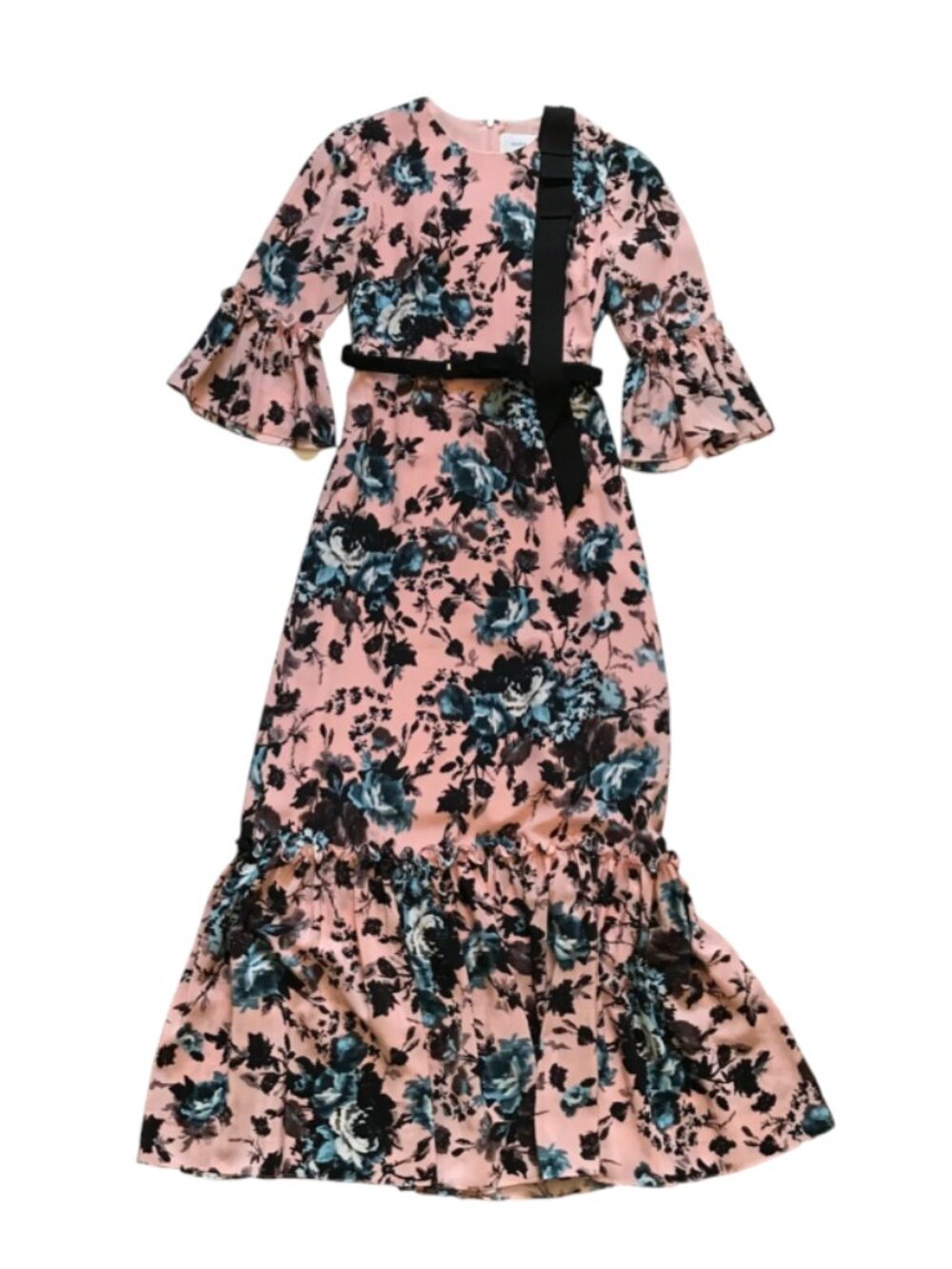 Erdem Senna Gown Maxi Dress Womens 40 4 Pink Blue Black Silk Floral Crew Neck